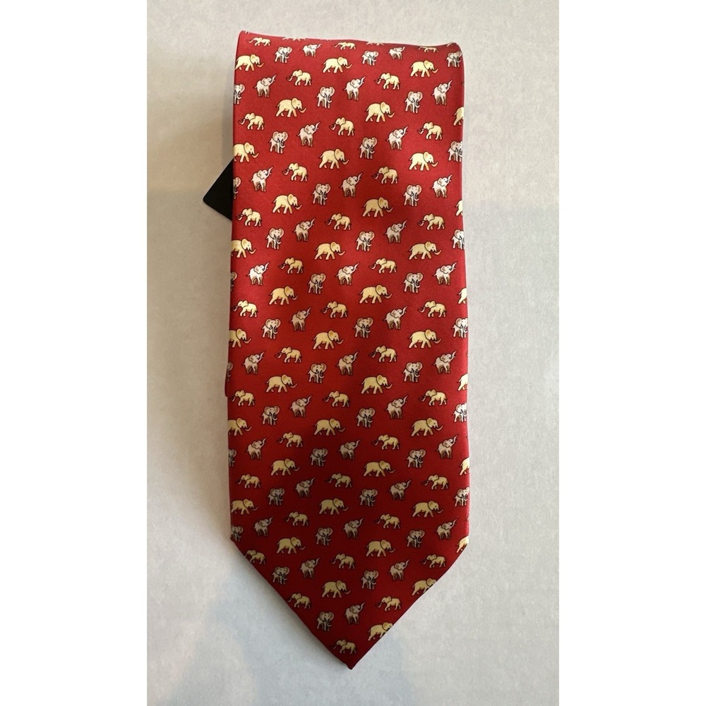Laurent Benon Paris 100% Silk Luxury Neck Tie Red With Elephants New With Tags